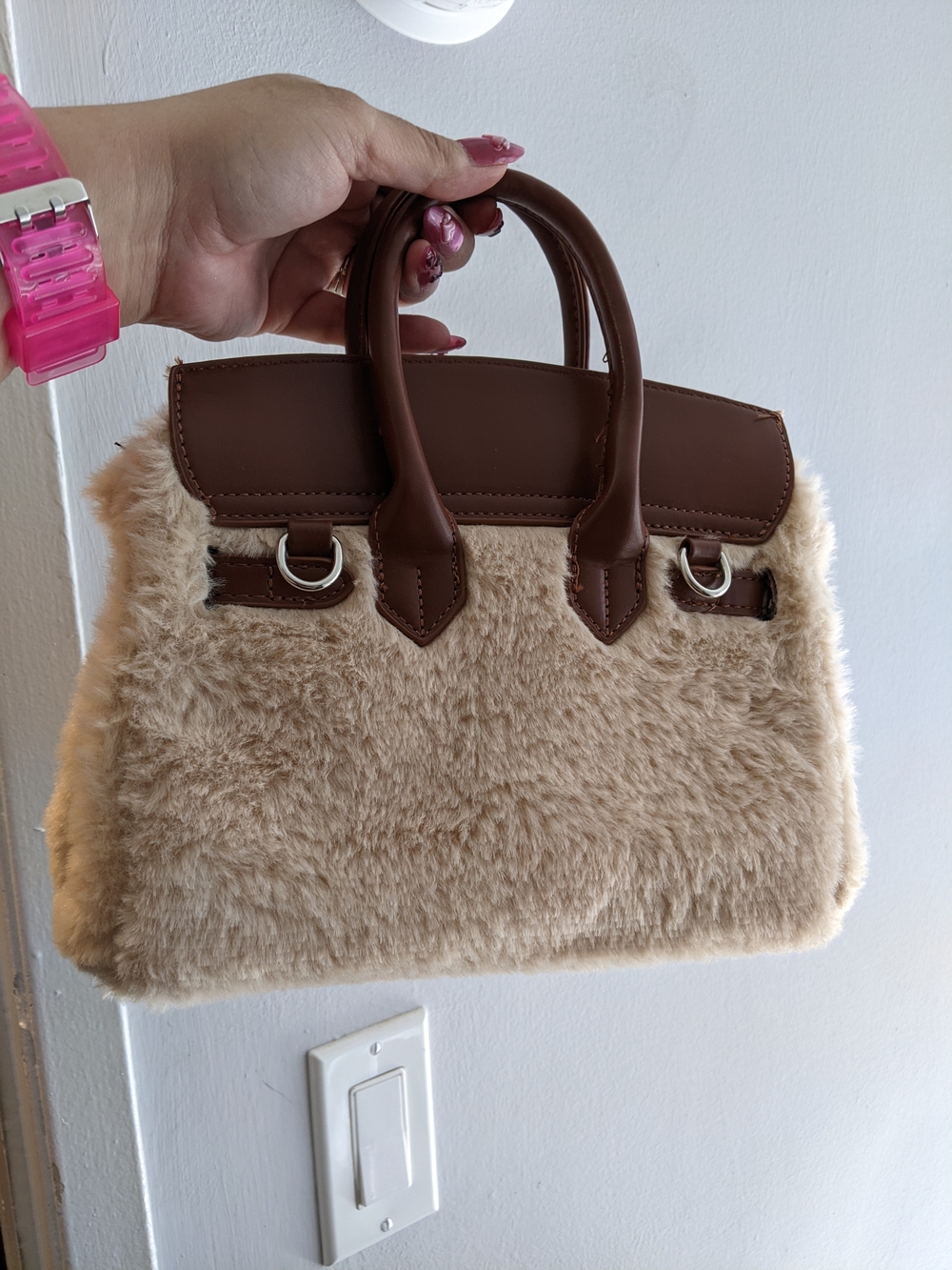 Furkin Plush Beige Novelty Handbag with Brown Trim - Picture 2 of 2